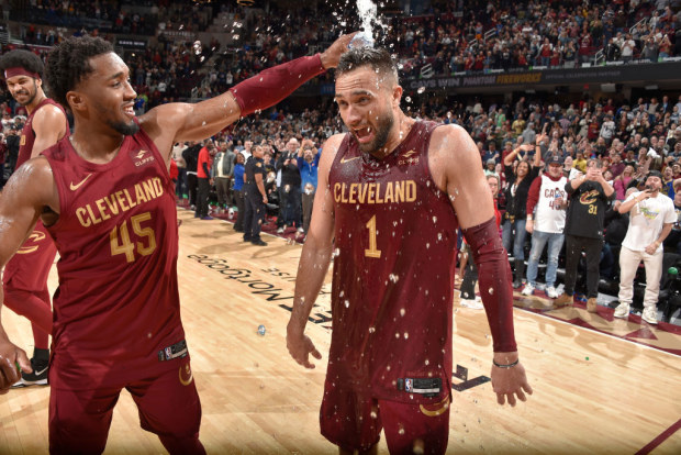 Max Strus of the Cleveland Cavaliers after the game winning shot.