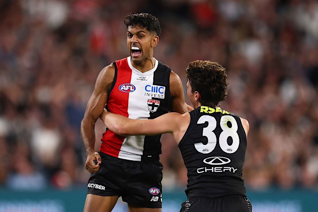Nasiah Wanganeen-Milera celebrates after kicking a goal.
