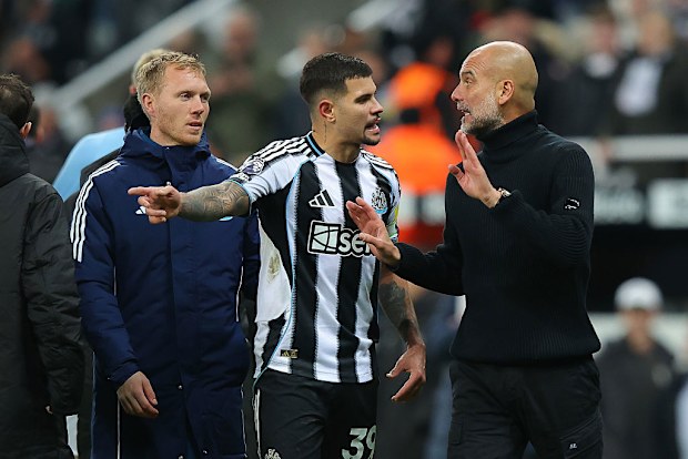 Pep Guardiola clashes with Bruno Guimaraes.