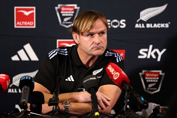 Scott Robertson of the All Blacks speaks to the media.