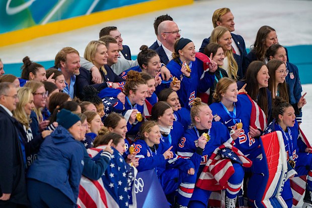 Gold medallists Team United States celebrate the victory after the Women`s Ice Hockey Gold Medal Game between USA and Canada.