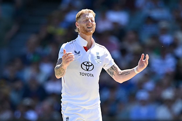 England captain Ben Stokes reacts as Josh Inglis of Australia scores runs.