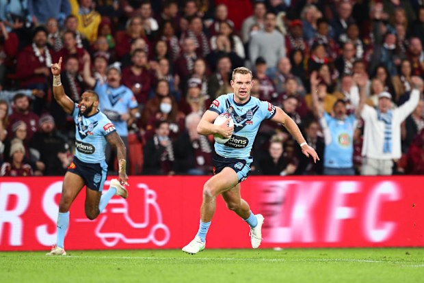 Tom Trbojevic makes a break during game two of the 2021 State of Origin series.