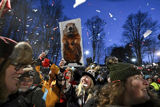 The crowd watches the festivities while waiting for Punxsutawney Phil, the weather prognosticating groundhog