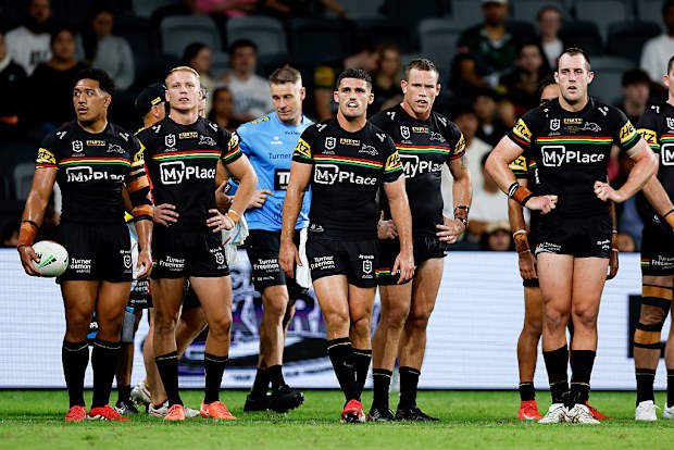 Panthers players react during the round five NRL match between Penrith Panthers and North Queensland Cowboys.