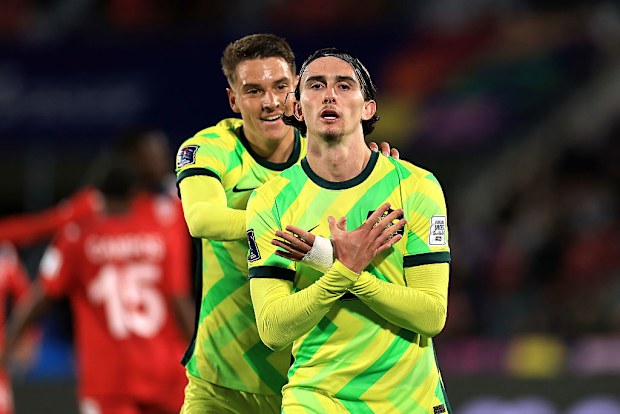 Daniel Bennie of Australia celebrates after scoring his team's second goal.