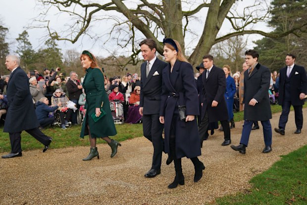 (left to right) The Duke of York, Sarah Ferguson, the Duchess of York, Edoardo Mapelli Mozzi, Princess Beatrice, Arthur Chatto and Samuel Chatto attending the Christmas Day morning church service at St Mary Magdalene Church in Sandringham, Norfolk.  Monday December 25, 2023 