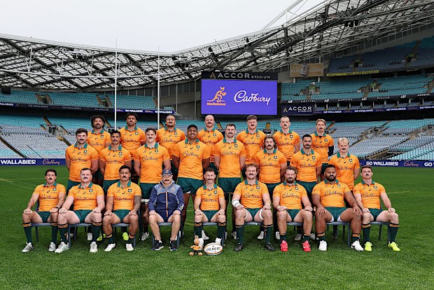 The Wallabies pose wearing moustaches ahead of Nic White's final Test.
