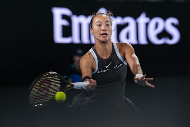 Qinwen Zheng of China plays a forehand.