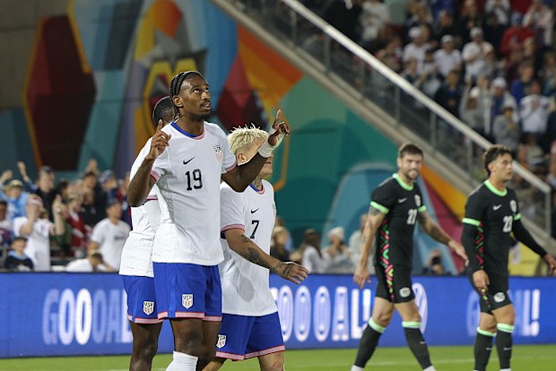 Haji Wright of the United States celebrates scoring during the first half against Australia.