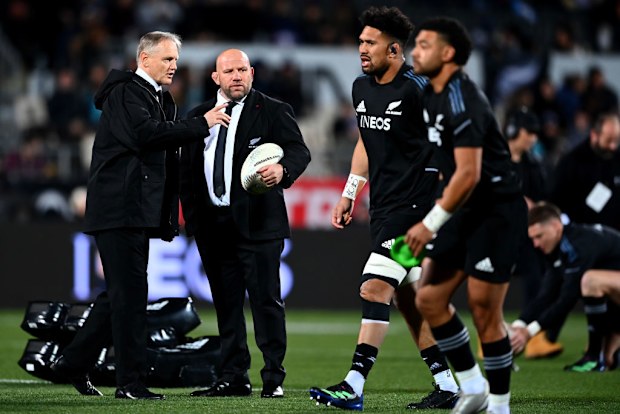 Assistant coach Joe Schmidt and forwards coach Jason Ryan of the All Blacks in 2022 in Christchurch.