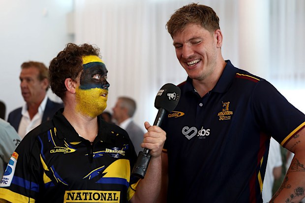 Fabian Holland of the Highlanders speaks to media.