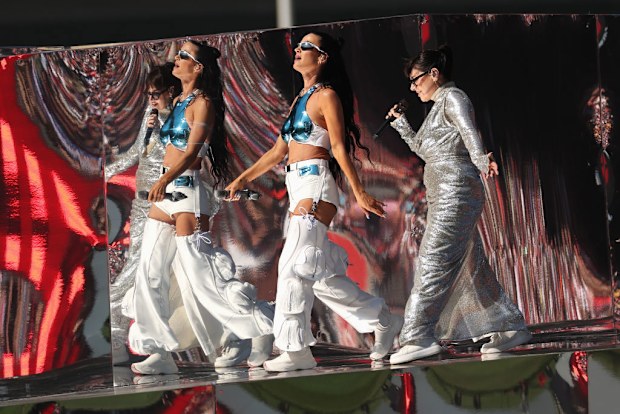 MELBOURNE, AUSTRALIA - SEPTEMBER 28: Katy Perry and Tina Arena perform during the AFL Grand Final match between Sydney Swans and Brisbane Lions at Melbourne Cricket Ground, on September 28, 2024, in Melbourne, Australia. (Photo by Cameron Spencer/AFL Photos/via Getty Images)