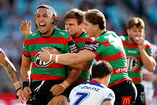 Keaon Koloamatangi celebrates after scoring a try.