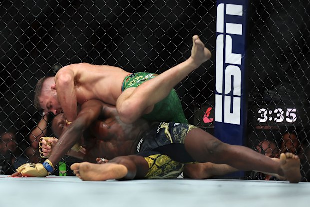 Dricus Du Plessis of South Africa fights Israel Adesanya of Nigeria in the middleweight championship fight.