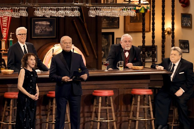 Ted Danson, Rhea Perlman, Kelsey Grammer, John Ratzenberger, George Wendt speak onstage during the 75th Primetime Emmy Awards at Peacock Theater on January 15, 2024 in Los Angeles 