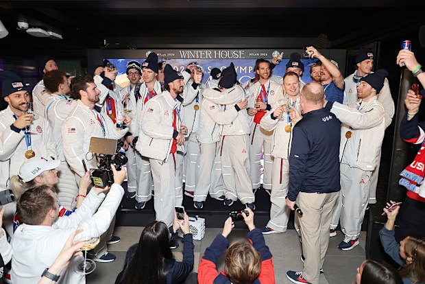 Team USA Men's Hockey Team celebrates their win at Winter House.