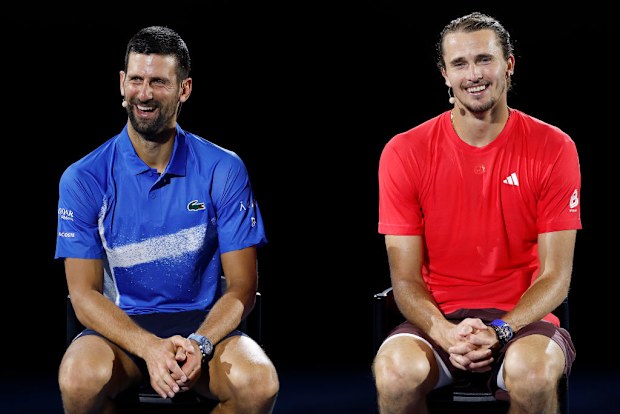 Novak Djokovic and Alexander Zverev are interviewed during the Night with Novak charity event.