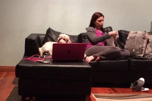 Jo on the lounge with Sadie