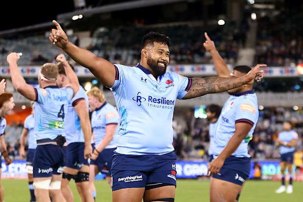 Folau Fainga'a of the Waratahs celebrates winning the round seven Super Rugby match.