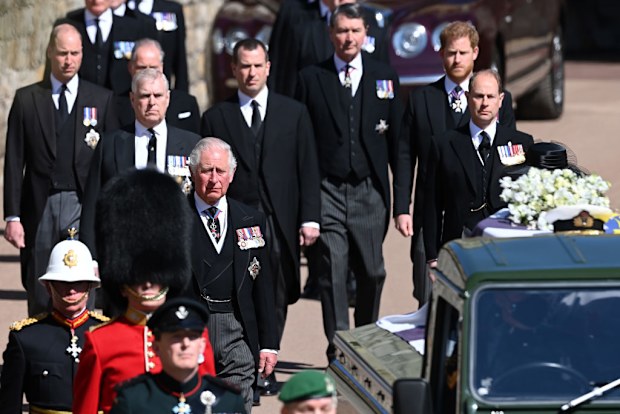 WINDSOR, ENGLAND - APRIL 17: Prince Charles, Prince of Wales walks behind The Duke of Edinburghs coffin, covered with His Royal Highnesss Personal Standard, during the Ceremonial Procession during the funeral of Prince Philip, Duke of Edinburgh at Windsor Castle on April 17, 2021 in Windsor, England. Prince Philip of Greece and Denmark was born 10 June 1921, in Greece. He served in the British Royal Navy and fought in WWII. He married the then Princess Elizabeth on 20 November 1947 and was creat