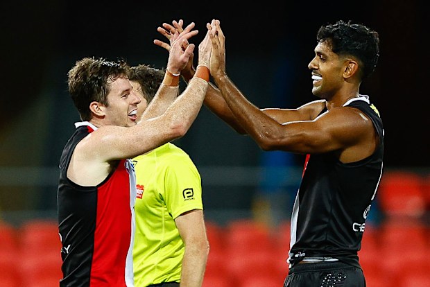 Jack Higgins of the Saints celebrates a goal.