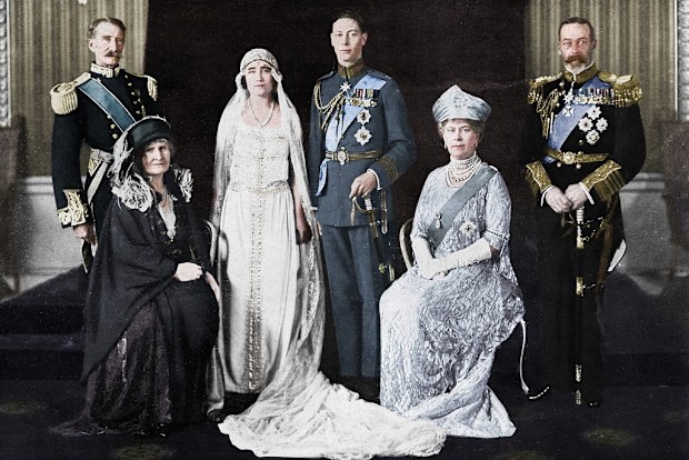The wedding of the Duke of York and Lady Elizabeth Bowes-Lyon, 1923. The bride and bridegroom and their parents. The Earl and Countess of Strathmore, the Duchess and Duke of York, and King George V and Queen Mary. 