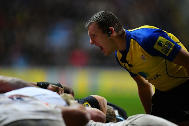 Referee Tom Foley shouts instructions at a scrum.