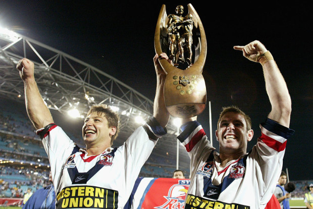 Luke Ricketson and Brad Fittler holds aloft the NRL Grand Final Trophy after victory in the 2002.