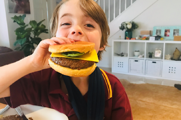Her son Ernie happily tried a vegan burger.