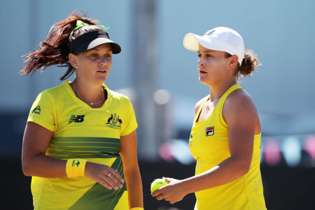 Ashleigh Barty (r) and Casey Dellacqua (l) play in the doubles match at the Fed Cup in 2018.