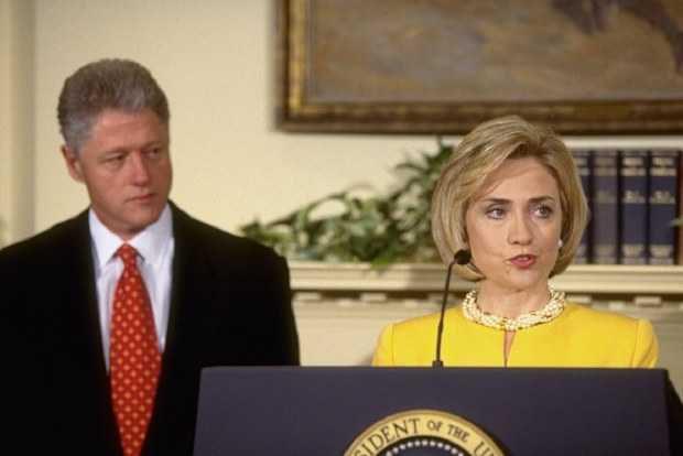 Pres. Bill & Hillary Rodham Clinton at White House childcare event during which he emphatically denied having affair.