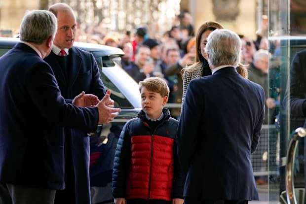 Prince William, Kate Middleton, Duchess of Cambridge and Prince George arrive to watch the Six Nations rugby match between England and Wales, at Twickenham stadium, London, Saturday, Feb. 26, 2022.