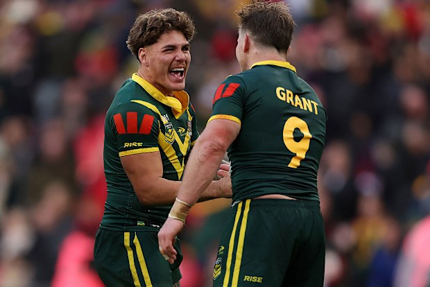 Reece Walsh and Harry Grant of Australia celebrate after winning game one.