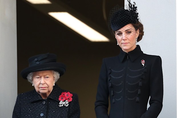 Queen Elizabeth II and  Catherine, Duchess of Cambridge attend the annual Remembrance Sunday memorial at The Cenotaph on November 10, 2019 in London, England. 
