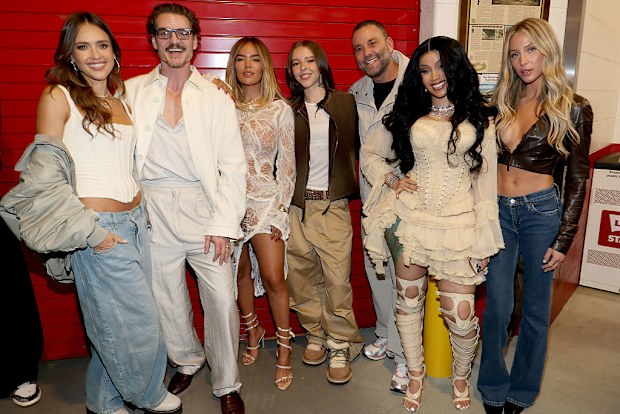 Jessica Alba, Pedro Pascal, Karol G, Young Miko, David Grutman, Cardi B and Alix Earle attend the Super Bowl LX Pregame at Levi's Stadium on February 08, 2026 in Santa Clara, California.