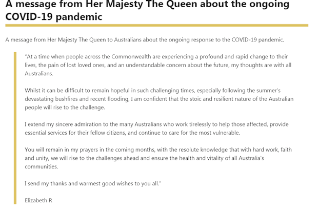 Queen Elizabeth's statement to Australia during the coronavirus crisis.