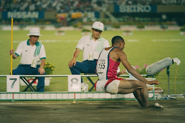 Mike Powell of the United States making his world record leap in 1991.