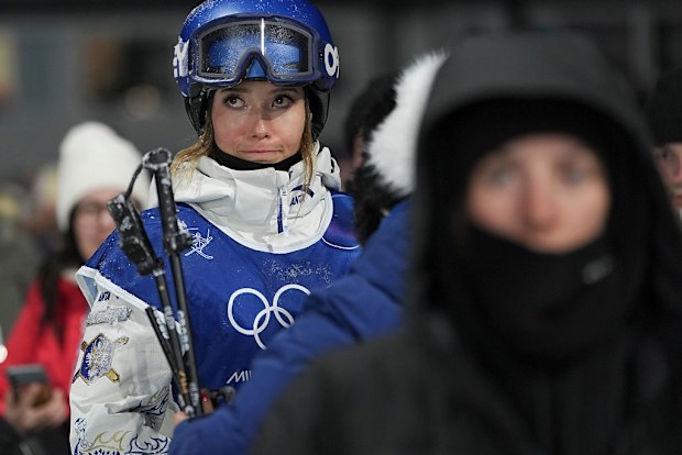 Eileen Gu of Team China reacts in the Freestyle Skiing Women's Freeski Big Air Qualification.