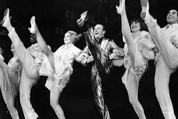 Peter Allen (center) is in step with the cast on opening night of the musical "Legs Diamond."