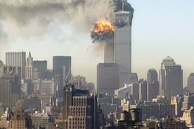 Hijacked United Airlines flight 175 is flown into the South Tower of the World Trade Center  September 11, 2001 in New York City.  (Photo by CNN via Getty Images)