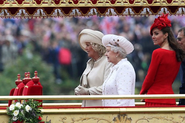 Queen Elizabeth II, Camilla, Duchess of Cornwall and Catherine, Duchess of Cambridge takes part in The Thames River Pageant, as part of the Diamond Jubilee, marking the 60th anniversary of the accession of Queen Elizabeth II on June 3, 2012 in London, England.  (Photo by Danny Martindale/WireImage)