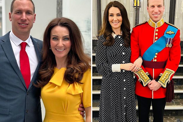 Kate Middleton lookalike Heidi Agan poses with a Prince William lookalike.