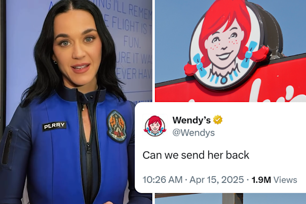 Katy Perry in her space suit; Wendy's logo and tweet