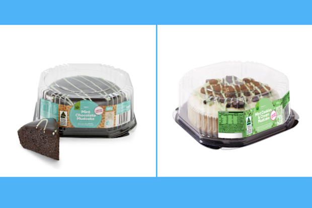 side by side image of original Woolworths choc mint mudcake vs newly released mint and cookies flavour