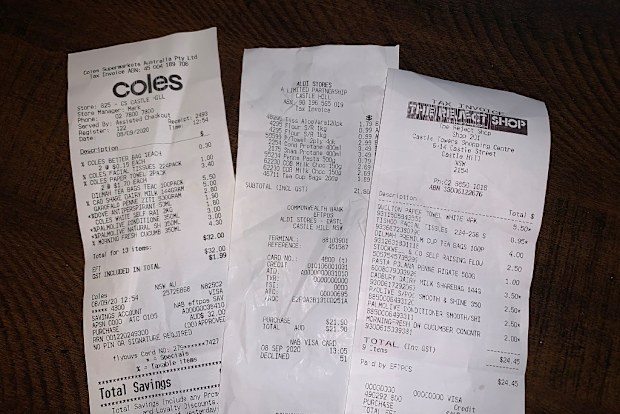 Jo Abi receipts from shopping at Coles, Aldi and The Reject Shop