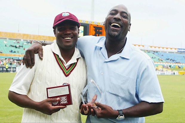 Brian Lara pictured with Sir Viv Richards in his 100th Test.