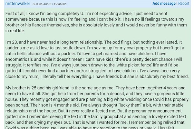 The woman has shared her 'irrational' feelings on Mumsnet.