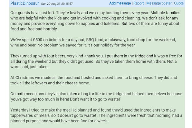 The woman has explained her guest's behaviour on Mumsnet.
