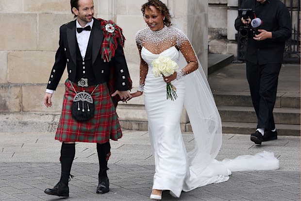 LONDON, ENGLAND - JULY 05: Newlyweds Rory McPhee and Mel B depart St Paul's Cathedral after their wedding on July 05, 2025 in London, England. (Photo by Neil Mockford/GC Images)